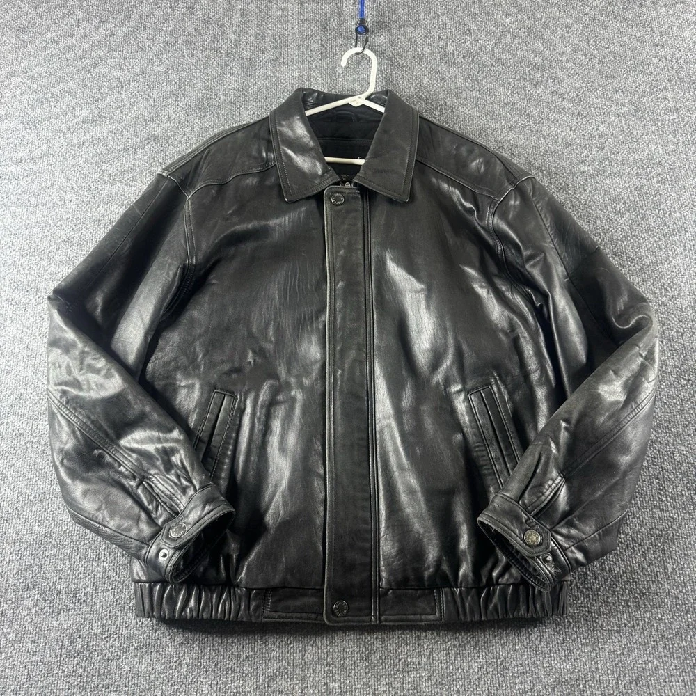 Pierre Cardin Jacket Mens XL Black Leather Bomber Full Zip Lined Insulated